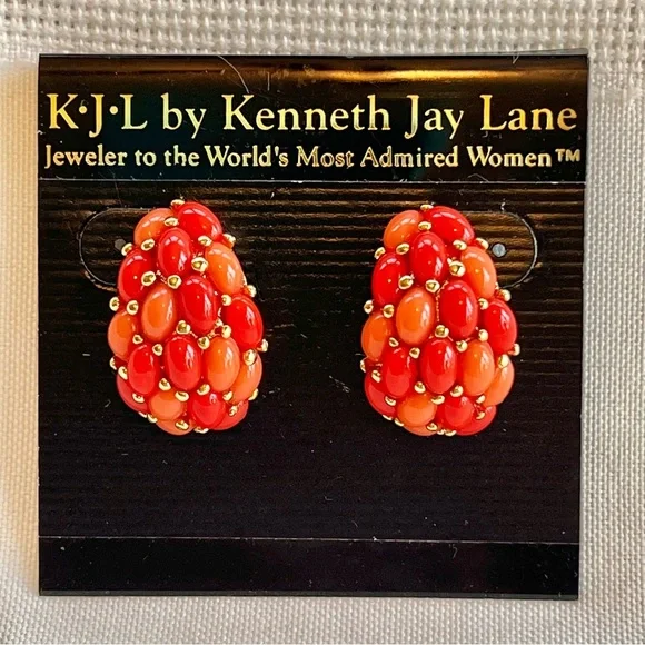 KJL Kenneth Jay Lane Earrings Signed Vintage Faux Coral Cabochon Post EUC - Picture 2 of 6